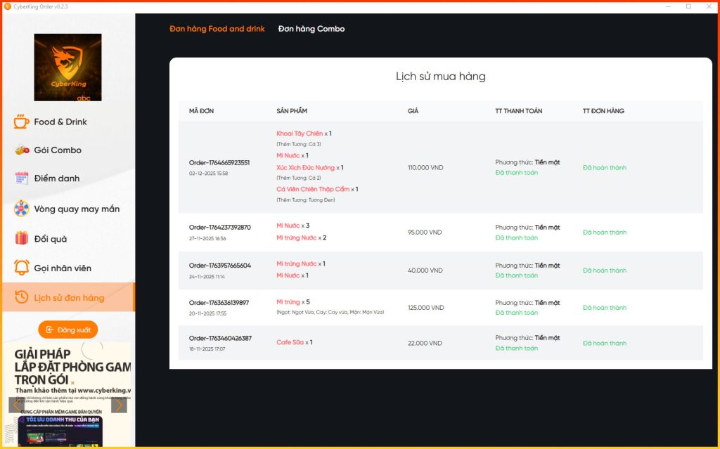 Phần mềm gọi món cho phòng net – App Menu CyberKing miễn phí, hiện đại và cực dễ dùng