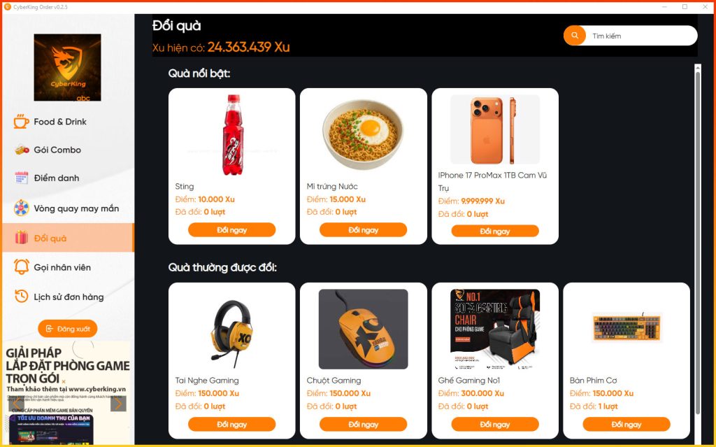 Phần mềm gọi món cho phòng net – App Menu CyberKing miễn phí, hiện đại và cực dễ dùng